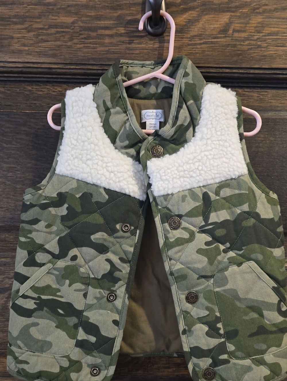 Mud Pie Girls Camouflage Quilted Vest with White Sherpa Trim